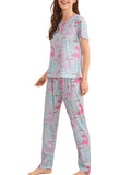 Womens Sleepwear Pant Set Cute Print Juniors Girl Short Sleeve Loungewear Pajamas Casual Loose 2 Piece Summer Outfits