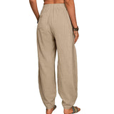 Women Solid Color Loose Cotton Linen Casual Pants Wide Leg Trouser with Pockets