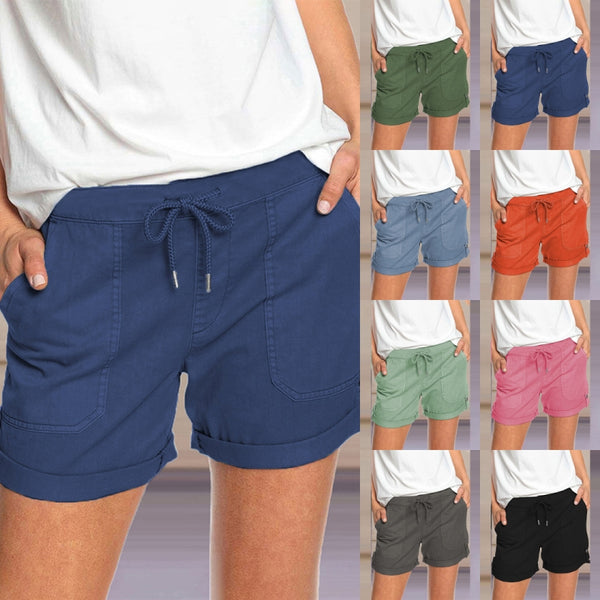 Women Folded Hem Short Hot Pants Plain Straight Leg Beach Shorts Mini Pant Buckle Bottoms