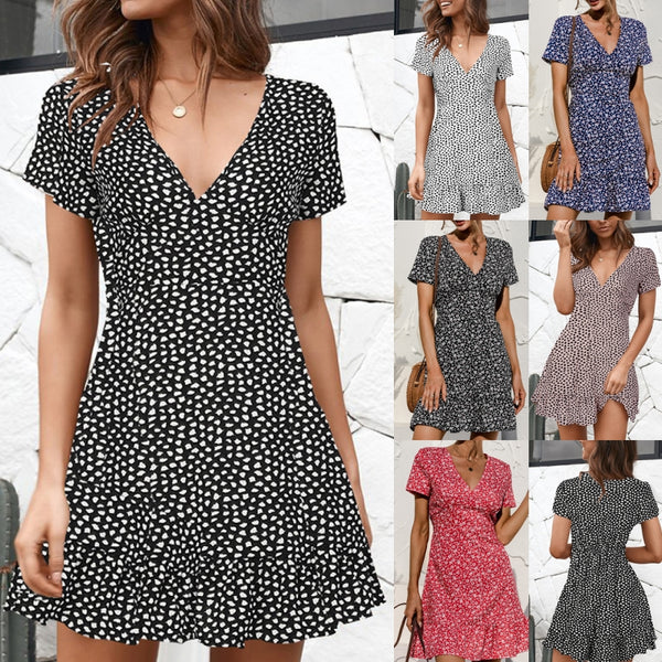 Women's Ruffle Sleeve Dresses Summer Sexy V Neck Floral Print Boho Beach Dress