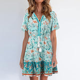 Women Summer Sun Dress Short Sleeve V-Neck Floral Mini Dress Boho Beach Retro V Neck Tassel Swing Tunic Dress