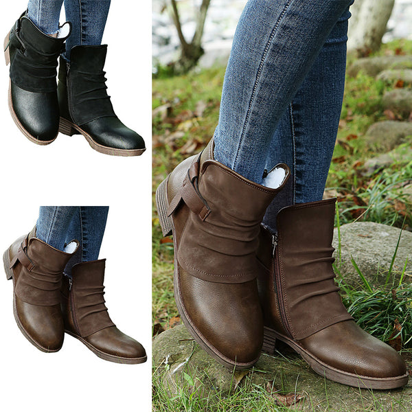 Winter Ankle Boots for Women Warm Anti Slip Chunky Side Zip Shoes  Mid Calf Leather Booties
