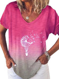 Women Summer Gradient Top V Neck Short Sleeve T Shirt Casual Dandelion Print Blouse Loose Pullover