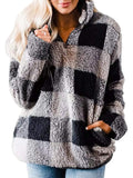 Women Fleece Plaid Jacket Coat Winter Warm Long Sleeve Zip Stand Collar Thick Outwear for Ladies Fashion Plush Comfy Coats With Pockets