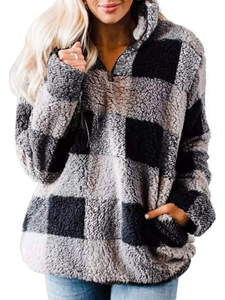 Women Fleece Plaid Jacket Coat Winter Warm Long Sleeve Zip Stand Collar Thick Outwear for Ladies Fashion Plush Comfy Coats With Pockets