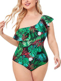 Women Green One-piece Swimming Suit Ruffles Swimwear One Shoulder Beachwear Floral Bathing Suit