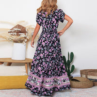 Lumento Women Floral Print Dress Summer V Neck Boho Dress Short Sleeve Long Maxi Dress