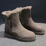 Lady Solid Color Ankle Boots Flat Shoes Warm Booties Side Zip Round Toe High Top