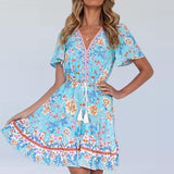 Women Summer Sun Dress Short Sleeve V-Neck Floral Mini Dress Boho Beach Retro V Neck Tassel Swing Tunic Dress