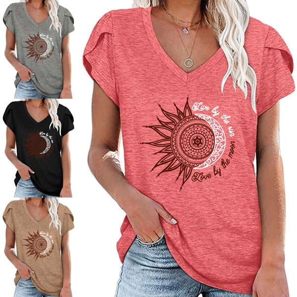 Women Casual Petal Cap Sleeve T Shirt Blouse Summer Sunflower Shirts