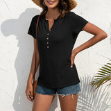 Women Solid Short Sleeve T-Shirt Summer V Neck Blouse Button Tops Casual Pullover Tunic
