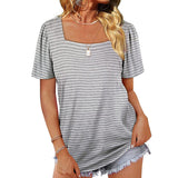 Women Loose Solid Color Ruched Tunic Short Sleeve Stripe T Shirts