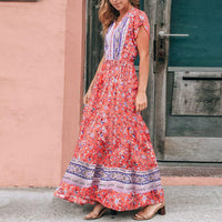 Lumento Women Floral Print Dress Summer V Neck Boho Dress Short Sleeve Long Maxi Dress