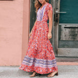 Lumento Women Floral Print Dress Summer V Neck Boho Dress Short Sleeve Long Maxi Dress