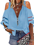 Lumento Women Zip Up V Neck Blouse Bell Sleeve Casual Shirts Sexy Cold Shoulder Tops