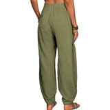 Women Solid Color Loose Cotton Linen Casual Pants Wide Leg Trouser with Pockets