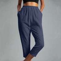 Women's Cotton Straight Capri Pants Casual Elastic Waist Trousers with 2 Pockets