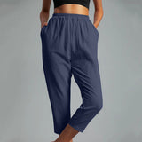 Women's Cotton Straight Capri Pants Casual Elastic Waist Trousers with 2 Pockets