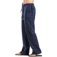 Men Cotton Linen Pants Yoga Drawstring Baggy Elastic Waist Loose Trousers Slacks