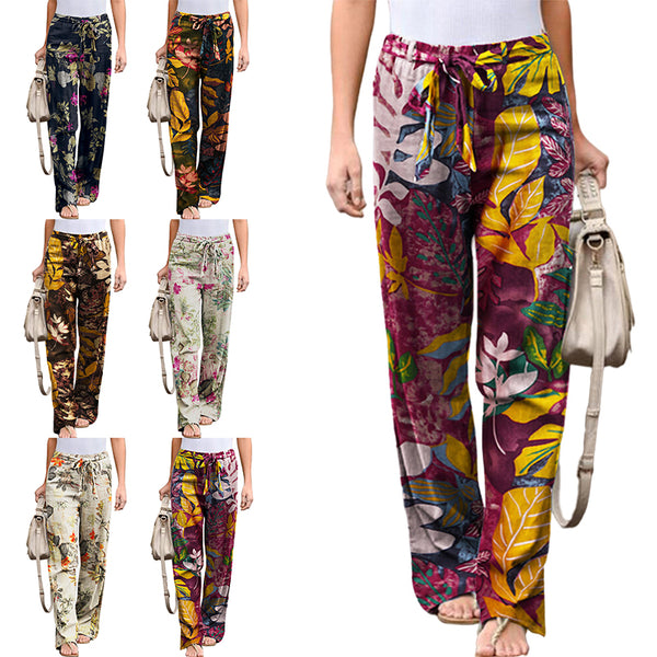 Women's Wide Leg Pants Vintage Cotton Linen Long Lightweight Elastic Waist Pants