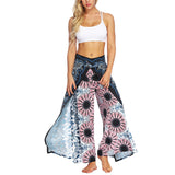 Women's Bohemia Yoga Pants Baggy Loose Split Wide Leg Long Trousers Flower Decor