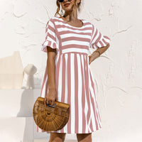 Women Fashion Skirt Striped Printed Short Sleeve Round Neck Casual Dress Ruffles