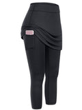 Women's Tennis Skirted Capri Leggings Pockets Elastic Sports Yoga Pants Skirts