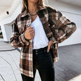 Women's Check Fleece Casual Jacket Shacket Top Shirt Coat Tunic Loose Baggy Coat