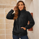 Women Zip Jacket Long Sleeves Lapel Collar Solid Color Warm Thicken Woolen Coat