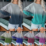 Women Casual Loose Gradient Printed T-Shirt Splicing Long Sleeve Blouse Pullover