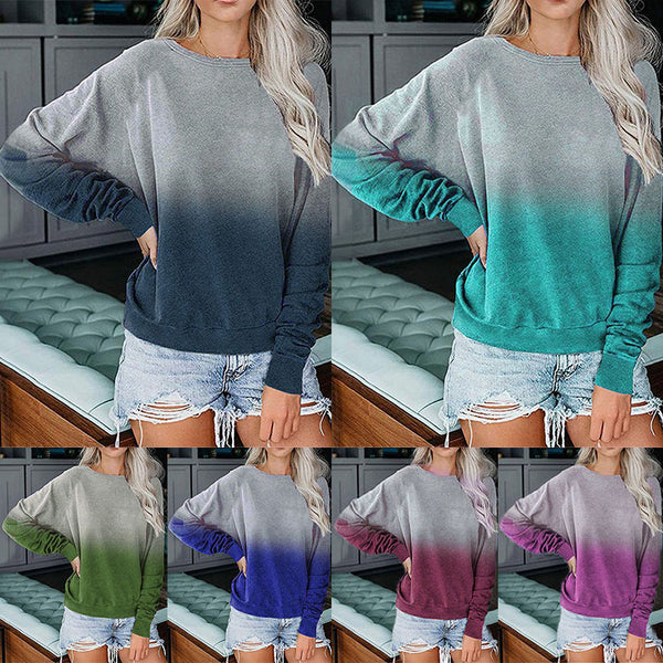 Women Casual Loose Gradient Printed T-Shirt Splicing Long Sleeve Blouse Pullover