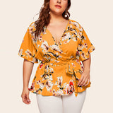 Womens Sexy Floral Printed Short Sleeves Tops T-Shirt Blouses Pullover Oversized