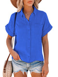 Women Solid Color Lapel Top Short Sleeve T-Shirt Blouse Casual Pullover Button