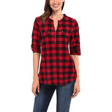 Women Plaid Printed Casual Shirt Blouse Tops Stand Collar Pullover Tunic Zipper