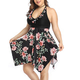 Women Plus Size Floral Swimdress Swimming Costumes Two Piece Swimwear Swimsuit for Ladies, Halterneck Bathing Suit Beachwear Push Up Padded Bra Backless Tummy Control