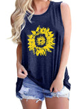 Women's Round Neck Sleeveless Loose Tank Sunflower Printed Pullover Hips Length