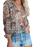 Women's Floral Print V Neck Loose Fit Long Lantern Sleeve T Shirts Pullover Tops