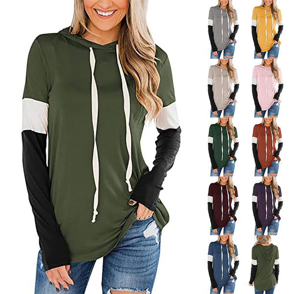 Women's Color Block Casual Loose Hooded Neck Long Sleeve Winter Pullover Hoodie