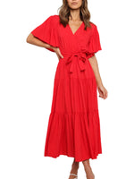 Women's Solid Color Dress Long Short Sleeve Lace Up V Neck Comfortable Dresses
