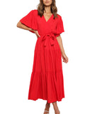 Women's Solid Color Dress Long Short Sleeve Lace Up V Neck Comfortable Dresses