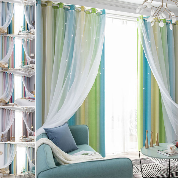 2-Layer Blackout + Sheer Curtains Starry Hollow-Out Stars Curtain Room Darkening Starry Curtain Eyelet Ring Top Window Drape for Kids Girls Children Bedroom Decor