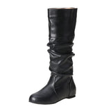 Womens Knee High Boots Winter Warm Fashion Leather Chunky Heel Slip On Flat Booties