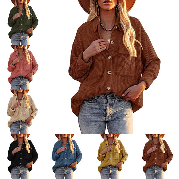 Women Long Sleeves Corduroy Button Cardigan Casual Loose Blouses Shirt Tops