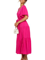 Women's Solid Color Dress Long Short Sleeve Lace Up V Neck Comfortable Dresses