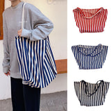 Striped Canvas Beach Tote Casual Daily Travel Shoulder Bag Handbag Shopping Bag