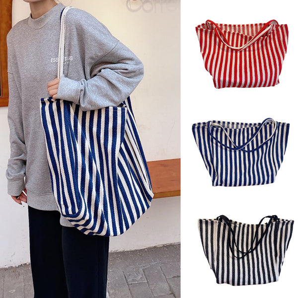 Striped Canvas Beach Tote Casual Daily Travel Shoulder Bag Handbag Shopping Bag