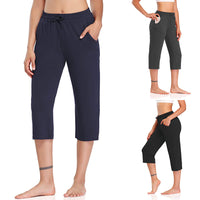 Women Elastic Waist Cropped Pants Casual Yoga Sports Capris Trousers