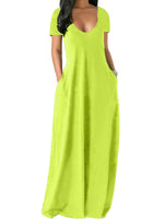 Women Solid Color Long Dress U Neck With Pockets Short Sleeve Comfortable Dress