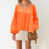Women's Solid Color Puff Sleeve Tops Loose Casual T-Shirt Blouse Pullover Tunic