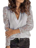 Womens V-Neck Lace Stitching Long Sleeve Casual Pullover Tops Blouse Basic Shirt